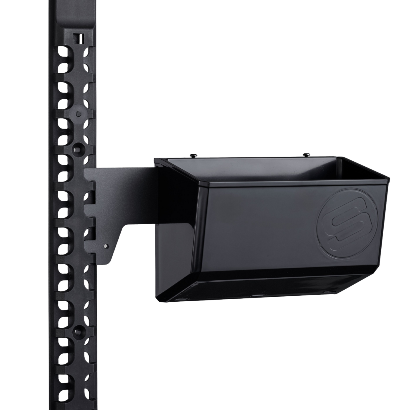 A GearMate spine with a small bin attachment on a white background. 