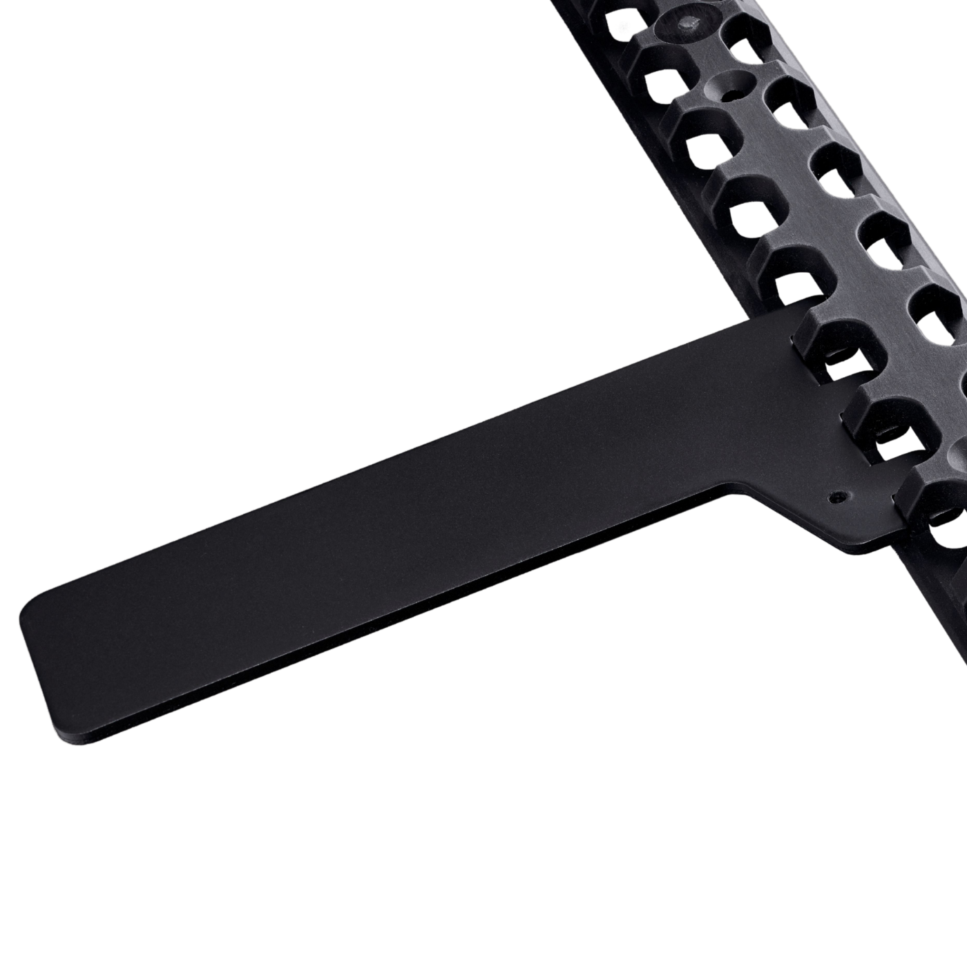 A black GearMate spine with a black bracket attached on a white background. 