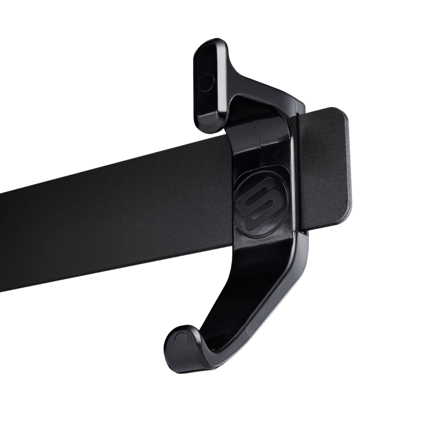 A Black hook attached to a bracket on a white background. 