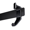 A Black hook attached to a bracket on a white background. 