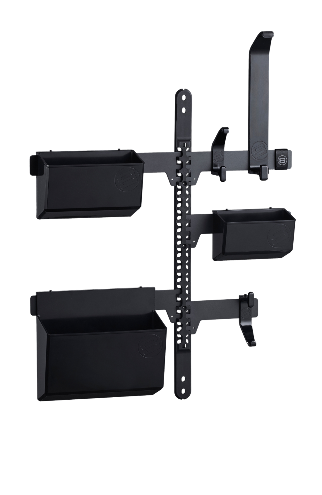 Black metal brackets and plastic bins mounted to a black spine. 